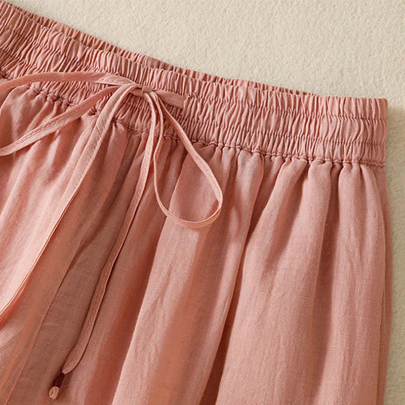 Buddha Stones Commute Embroidery Drawstring Women's Cotton Wide Leg Pants With Pockets