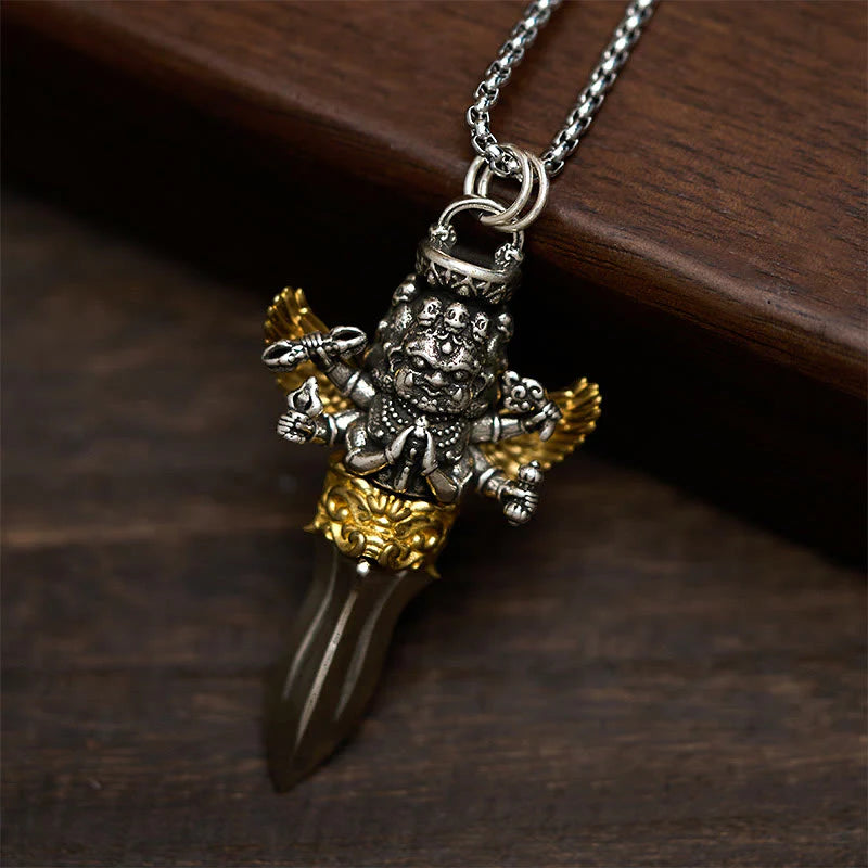 Buddha Stones Tibetan Vajra Three Heads Six Arms Design Copper Healing Spiritual Power Necklace Pendant