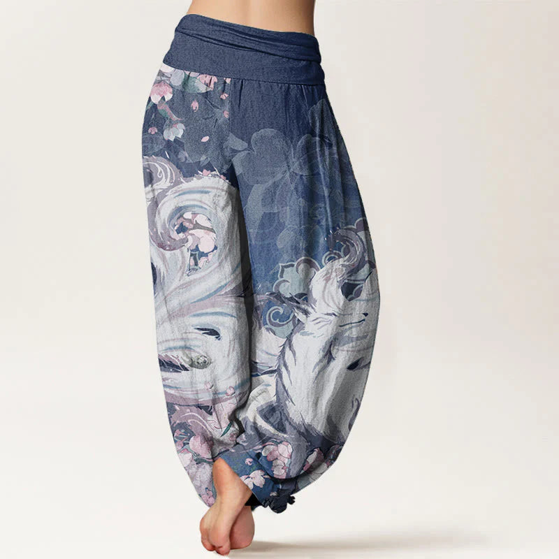 Buddha Stones Cotton Fox Cherry Blossoms Women's Elastic Waist Harem Pants