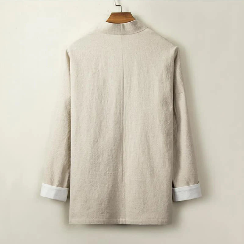 Buddha Stones Chinese Frog-Buttons Long Sleeve Design Open Front Jacket Men's Cotton Linen Kimono