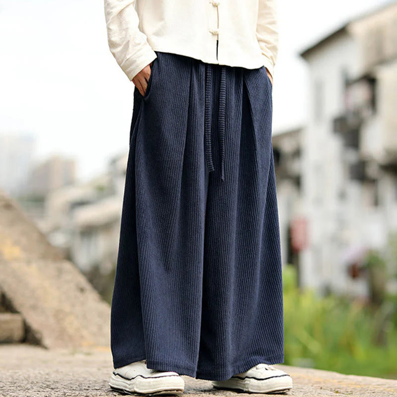 Buddha Stones Fall Solid Color Drawstring Design Men's Corduroy Wide Leg Pants With Pockets