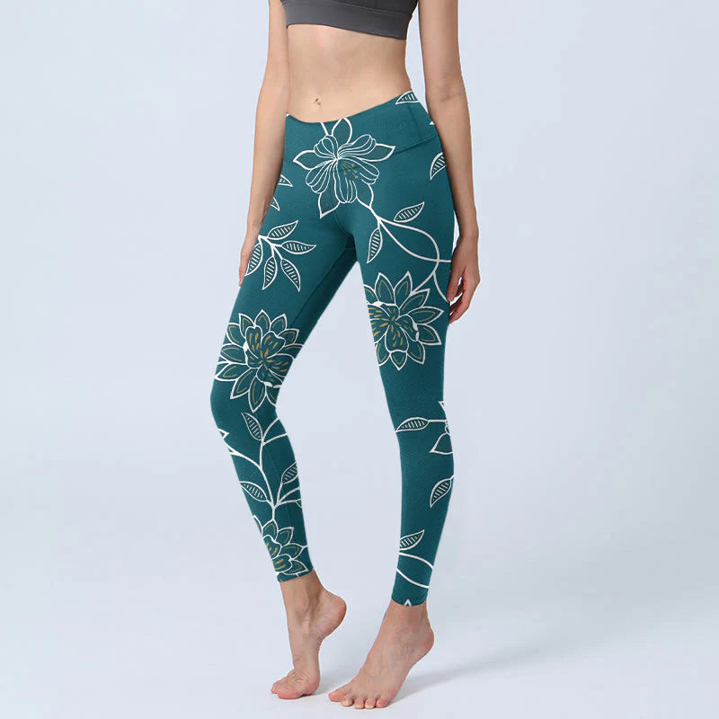 Buddha Stones Retro Elegant Flower Leaf Pattern Print Gym Leggings Women's Yoga Pants