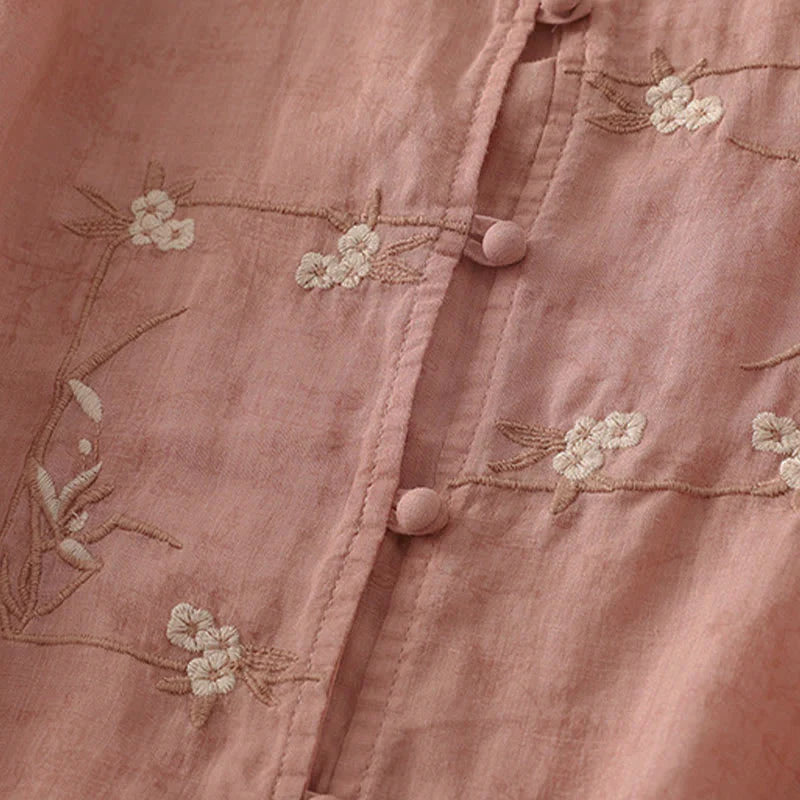 Buddha Stones Stand Collar Embroidery Button Design Three Quarter Sleeve Summer Women's Shirt