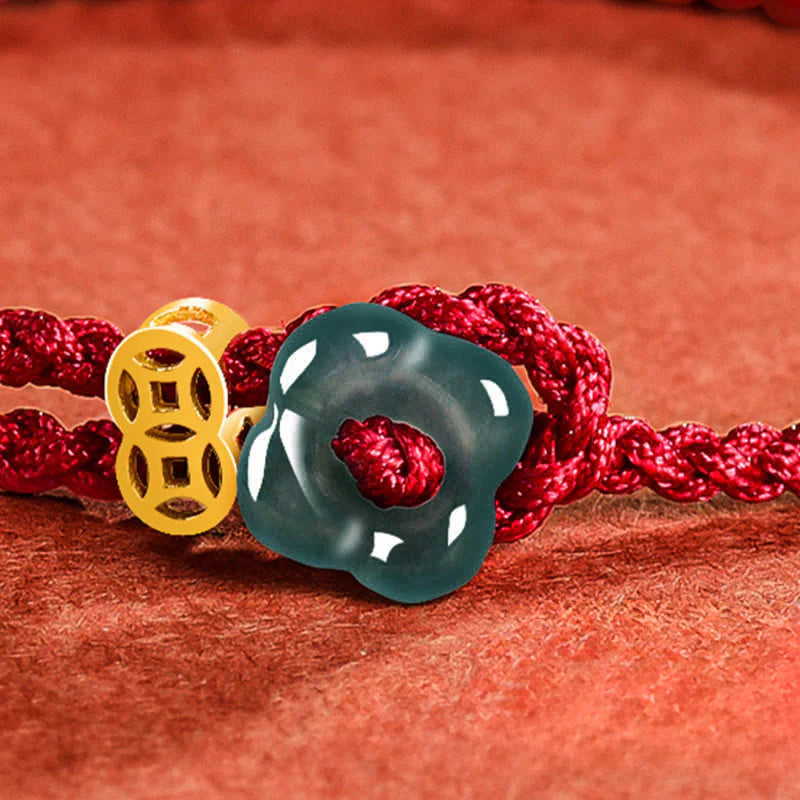 Buddha Stones Jade Flower Luck Copper Coin Red String Bracelet