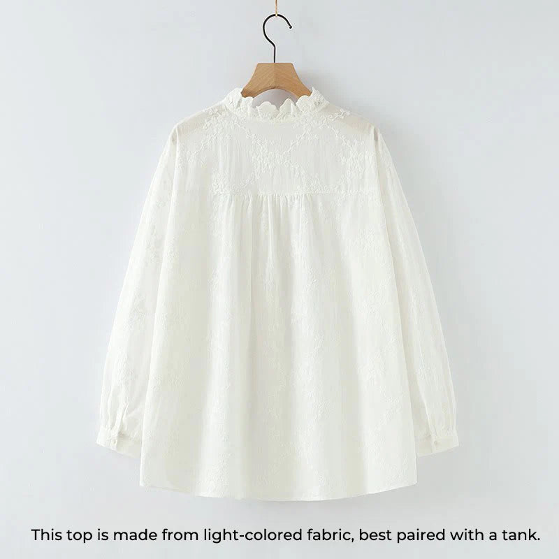 Buddha Stones Fall Ruffled Collar Embroidered Relief Flower Buttons Women's Cotton Long Sleeve Shirt