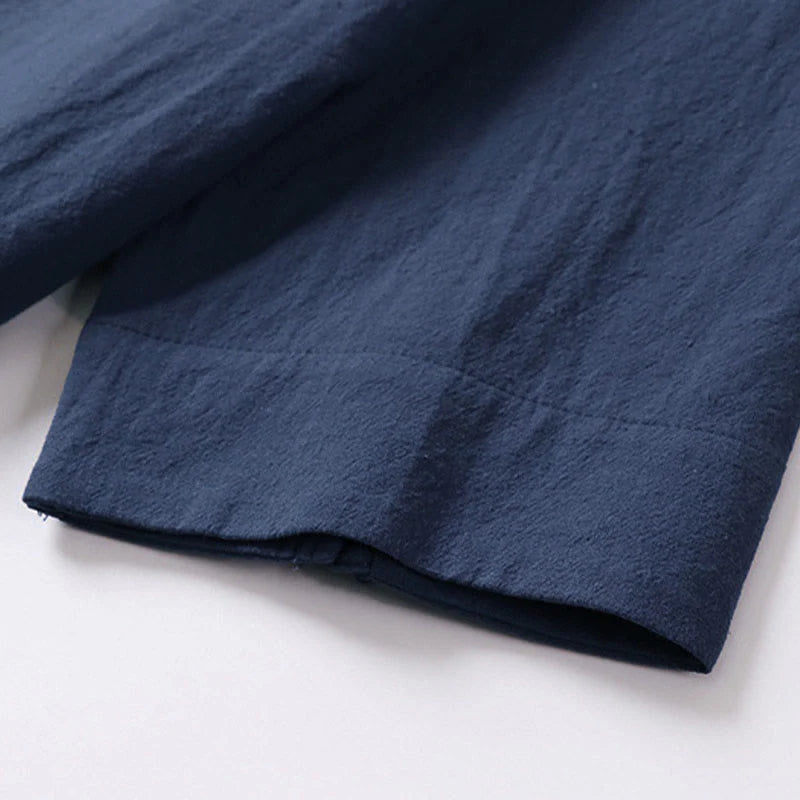 Buddha Stones Summer Simple V-Neck Short Sleeve Cotton Linen Men's Shirt