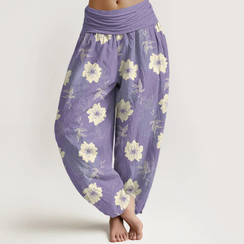 Buddha Stones Pure Cotton White Flowers Grass Women's Elastic Waist Harem Pants