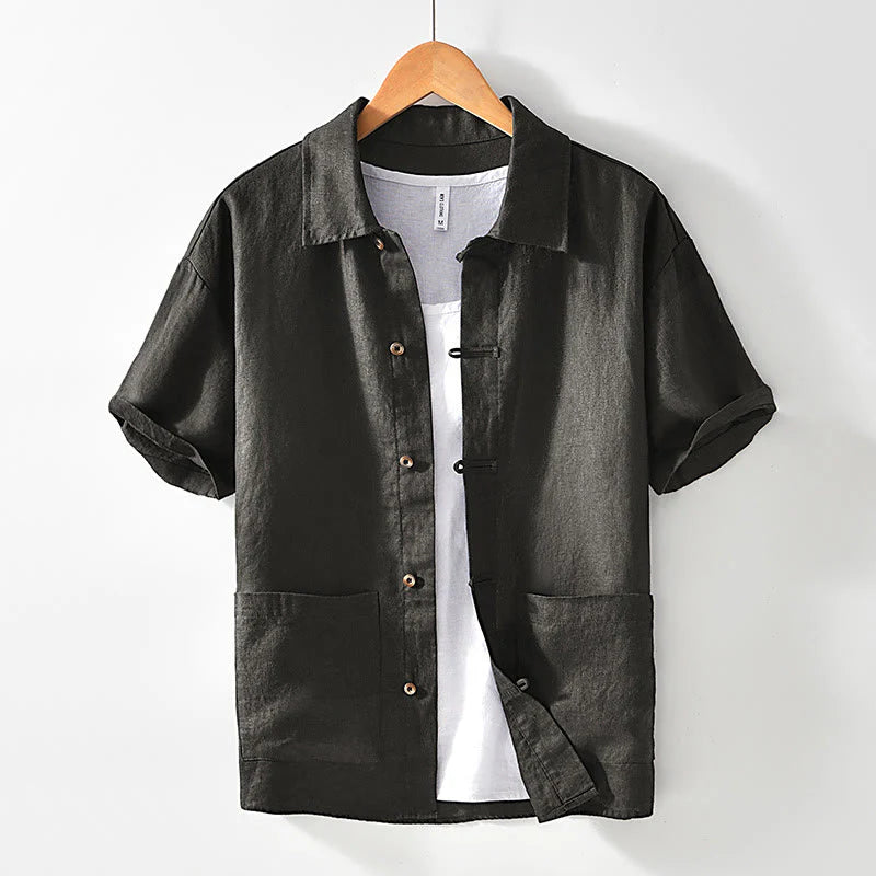 Buddha Stones Solid Color Buttons Men's Short Sleeve Linen Shirt With Pockets