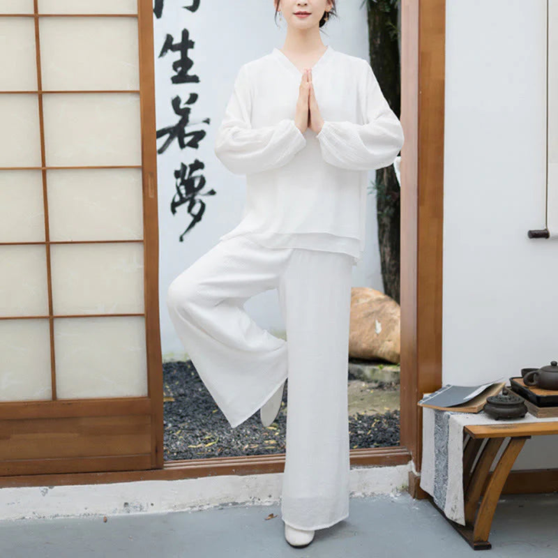 Buddha Stones 2Pcs White Long Sleeve V-Neck Shirt Wide Leg Pants Meditation Women's Set