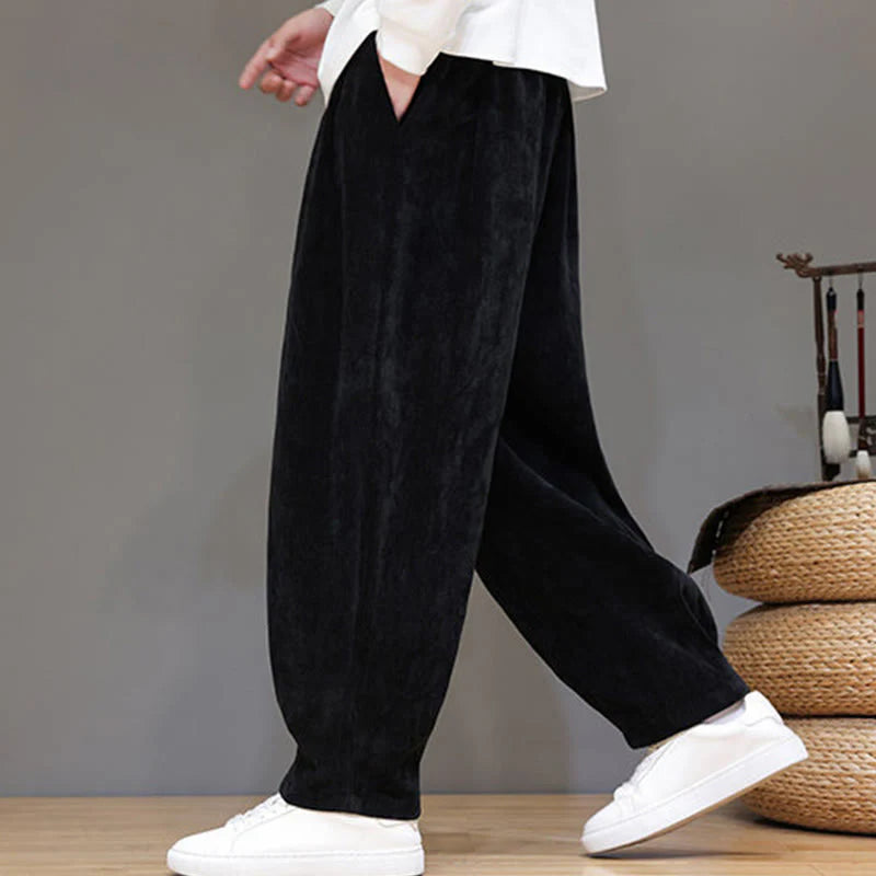 Buddha Stones Winter Pure Color Cotton Men's Harem Thickened Fleece-lined Pants With Pockets