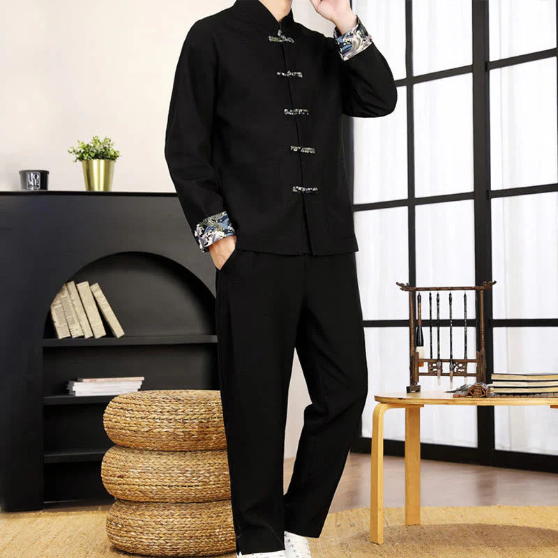 Buddha Stones 2Pcs Tang Suit Frog-Button Men's Waves Long Sleeve Shirt Pants Clothing Set