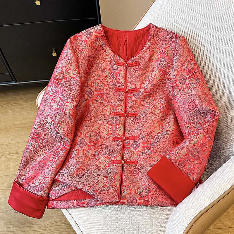 Buddha Stones Women's Jacquard Symmetric Floral Pattern Long Sleeve Jacket With Pockets