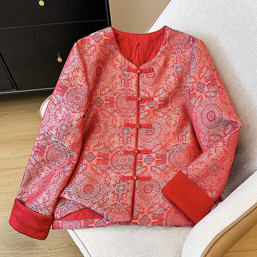 Buddha Stones Women's Jacquard Symmetric Floral Pattern Long Sleeve Jacket With Pockets