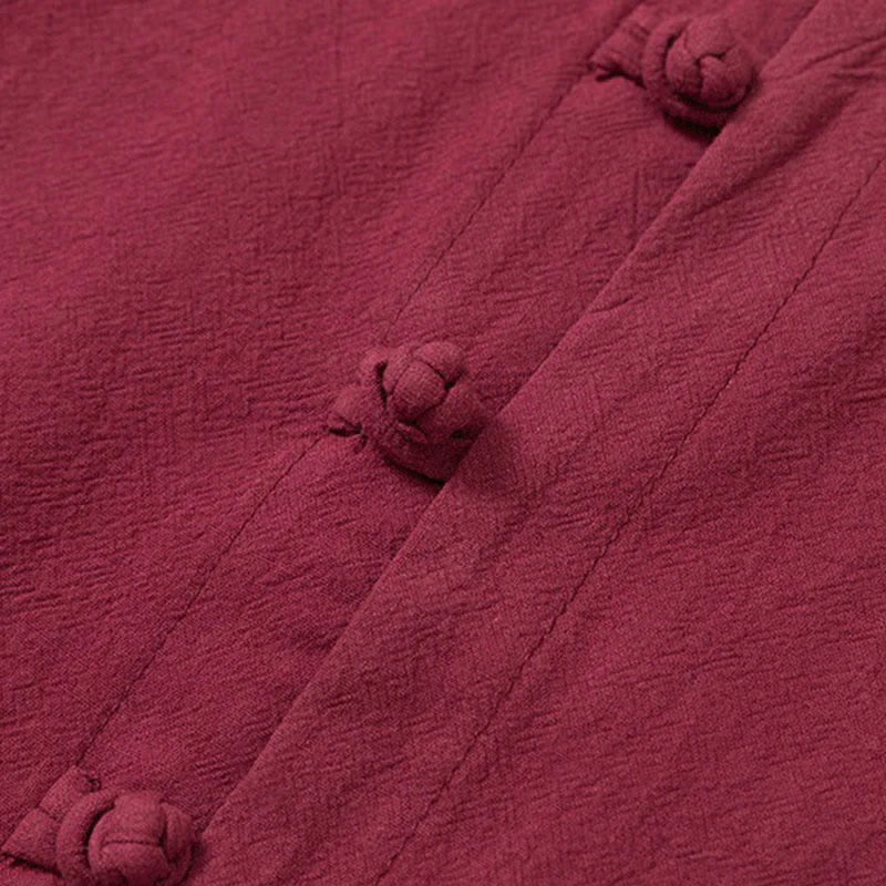 Buddha Stones 2Pcs Plain Men's Frog-Button Long Sleeve Cotton Shirt Pants Set With Pockets