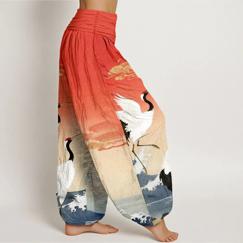Buddha Stones Pure Cotton Cranes Auspicious Clouds OceanÂ Women's Elastic Waist Harem Pants