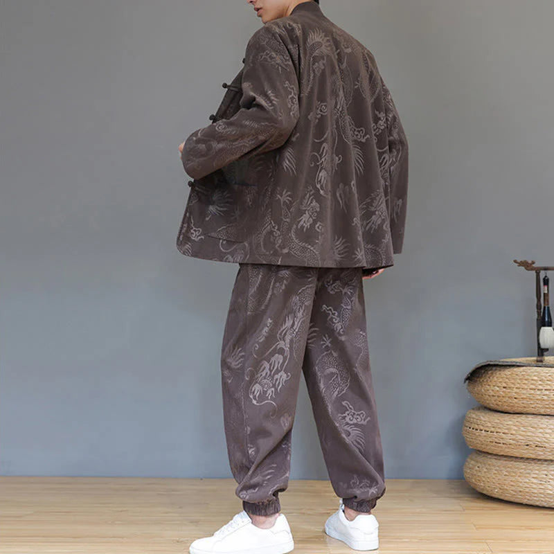 Buddha Stones 2Pcs Fall Winter Men's Tang Suit Dragon Frog-Button Cotton Corduroy Long Sleeve Jacket Pants Set With Pockets