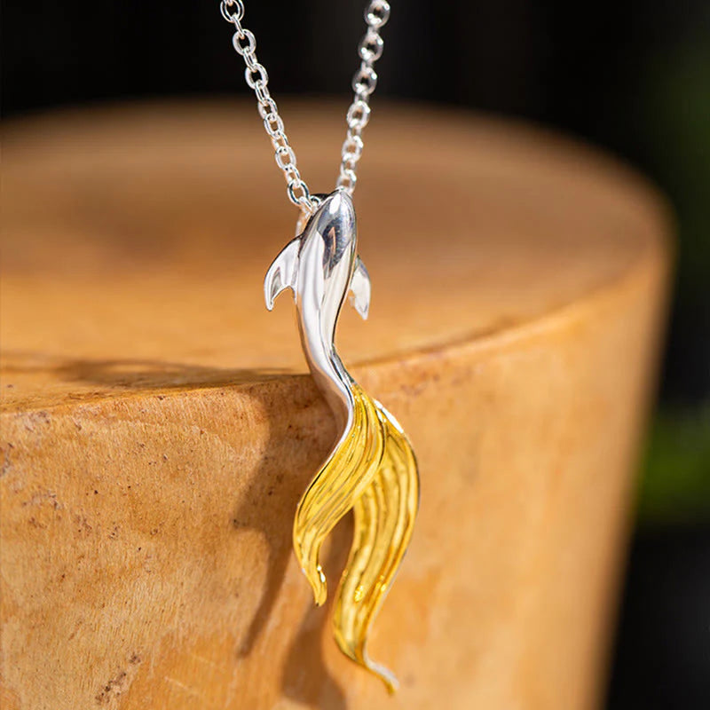 Buddha Stones 925 Sterling Silver Golden Koi Fish Luck Necklace Pendant