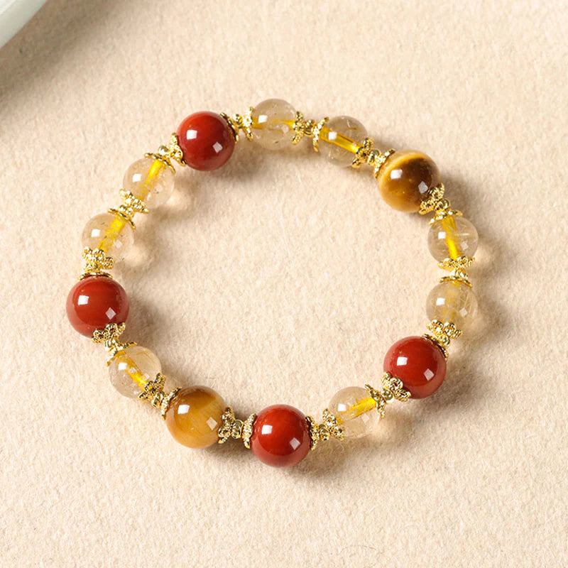 Buddha Stones Natural Golden Rutilated Quartz Tiger Eye Beads Wealth Bracelet