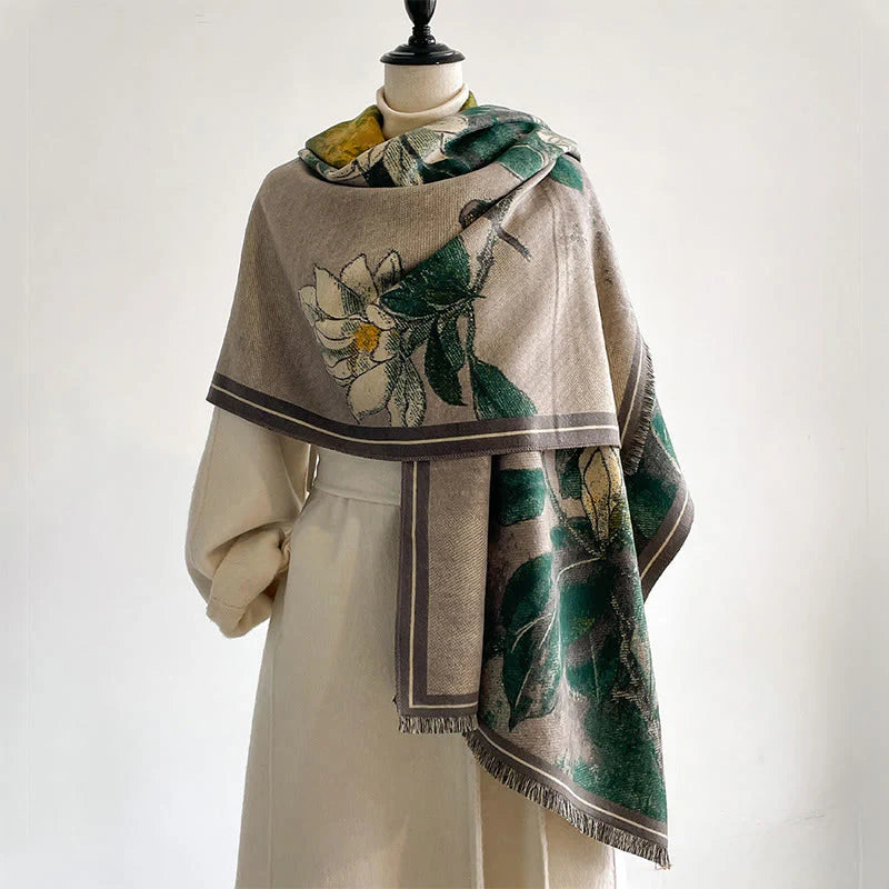 Buddha Stones Winter White Magnolia Flowers Little Bird Pattern Warm Cozy Scarf Shawl