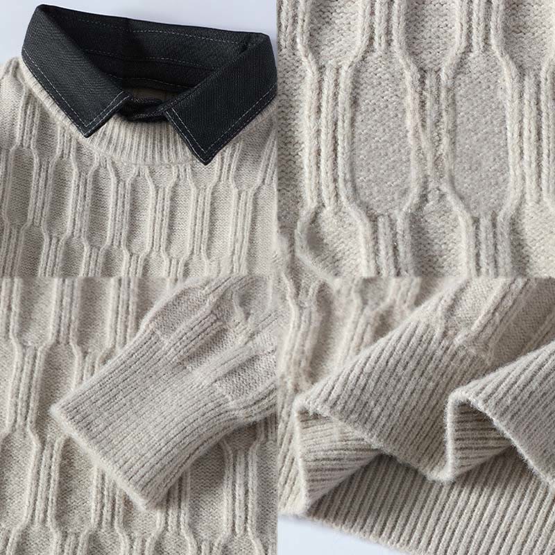 Buddha Stones Winter Black Stand Collar Lines Design Warm Men's Long Sleeve Knitted Sweater