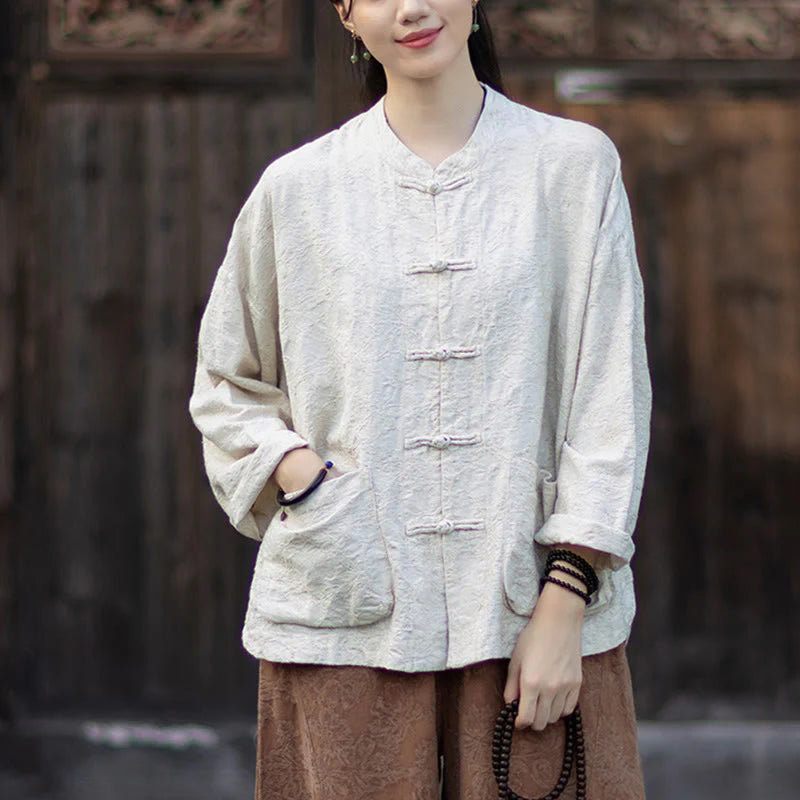 Buddha Stones Fall Jacquard Women's Frog-Button Long Sleeve Shirt Pants Cotton Linen Clothing