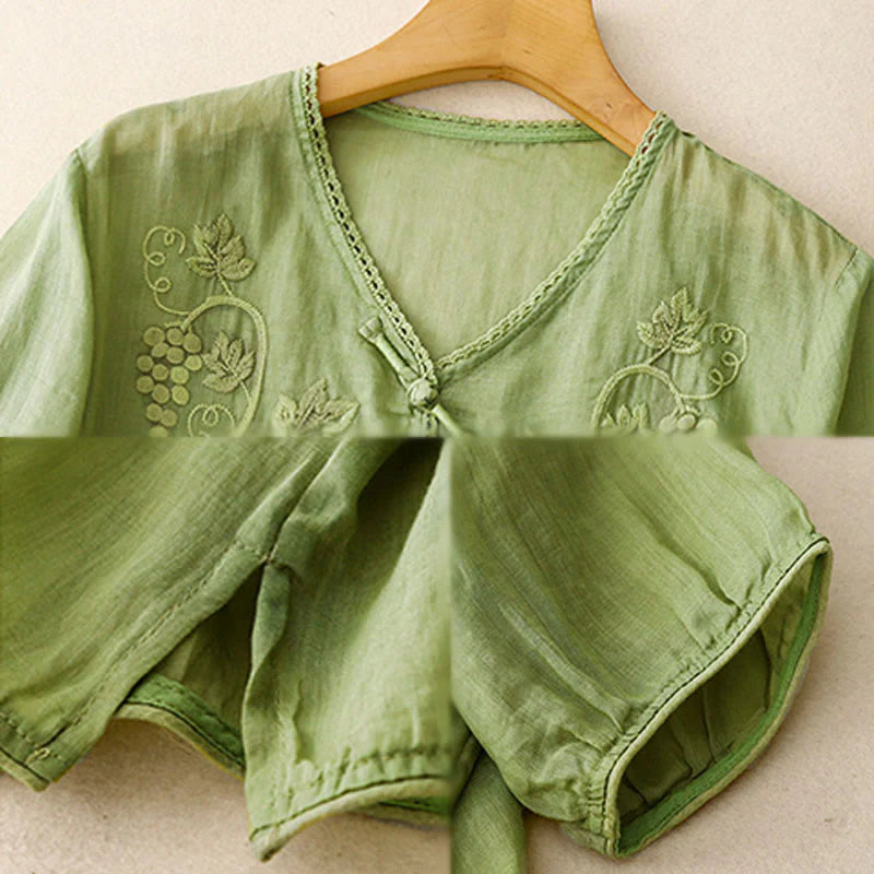 Buddha Stones Embroidered Grapes Pattern Lace Design Frog-Button Three Quarter Sleeve Women's Cotton Shirt