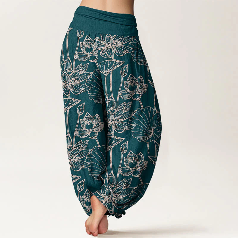 Buddha Stones Cotton Elegant Refined Lotus Flower Leaf Pattern Women's Elastic Waist Harem Pants