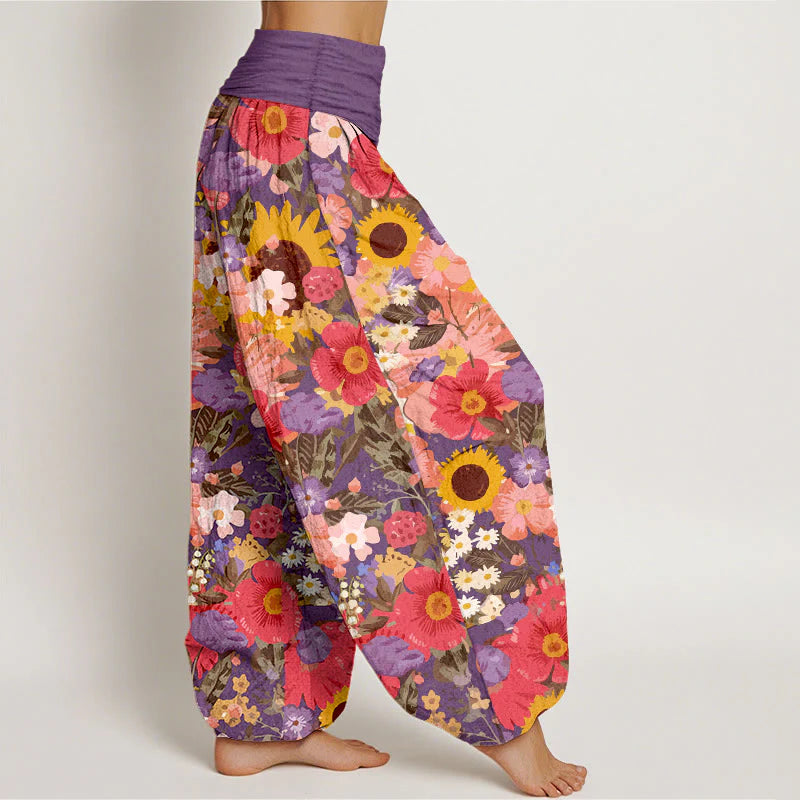 Buddha Stones Pure Cotton Colorful Sunflower Daisy Small Red Purple Flowers Pattern Women's Elastic Waist Harem Pants