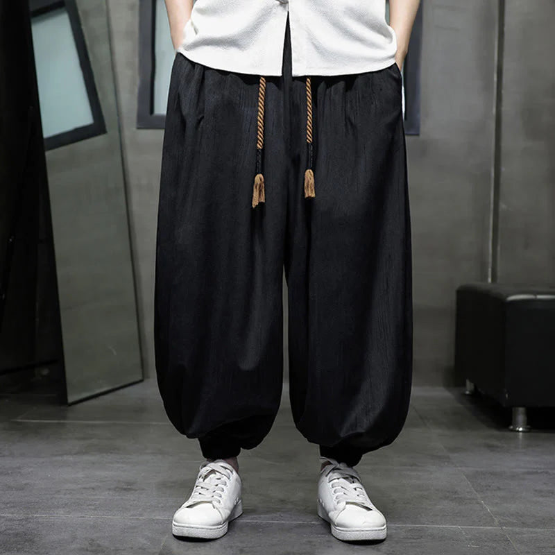 Buddha Stones Casual Daily Pure Color Drawstring Design Men's Harem Pants With Pockets