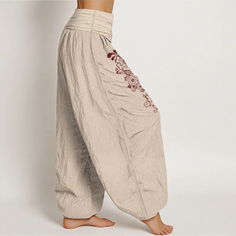 Buddha Stones Pure Cotton Simple Elegant Flower Butterfly Vine Pattern Women's Elastic Waist Harem Pants
