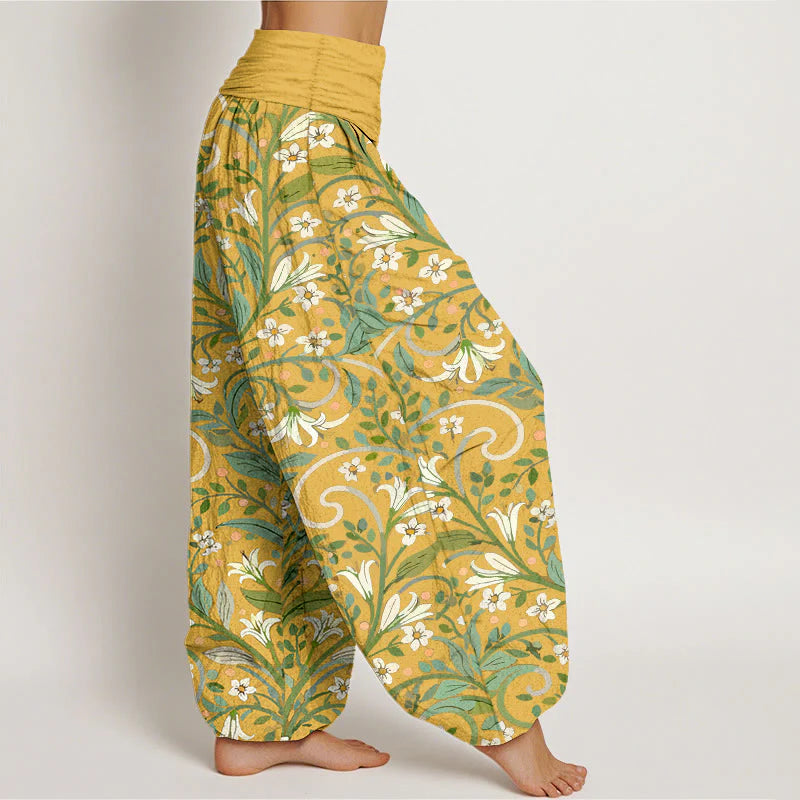 Buddha Stones Pure Cotton Elegant Lily Petal Leaf Pattern Women's Elastic Waist Harem Pants