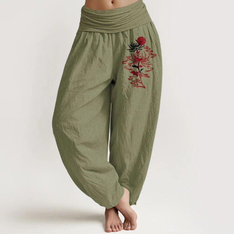 Buddha Stones Chrysanthemums Sun Pattern Women's Elastic Waist Harem Pure Cotton Pants