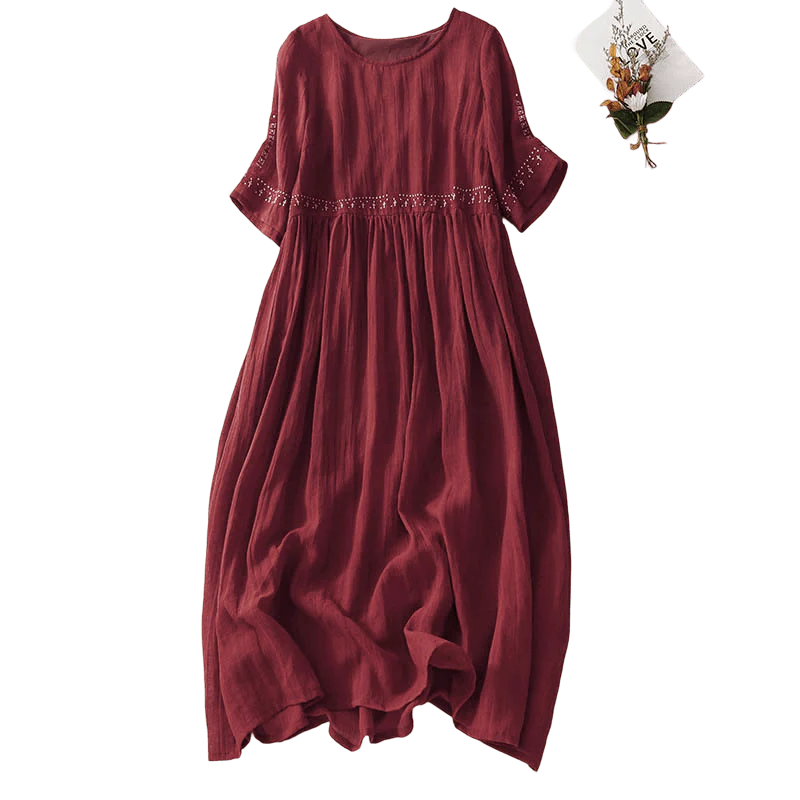 Buddha Stones Solid Color Embroidery Short Sleeve Cotton Midi Dress