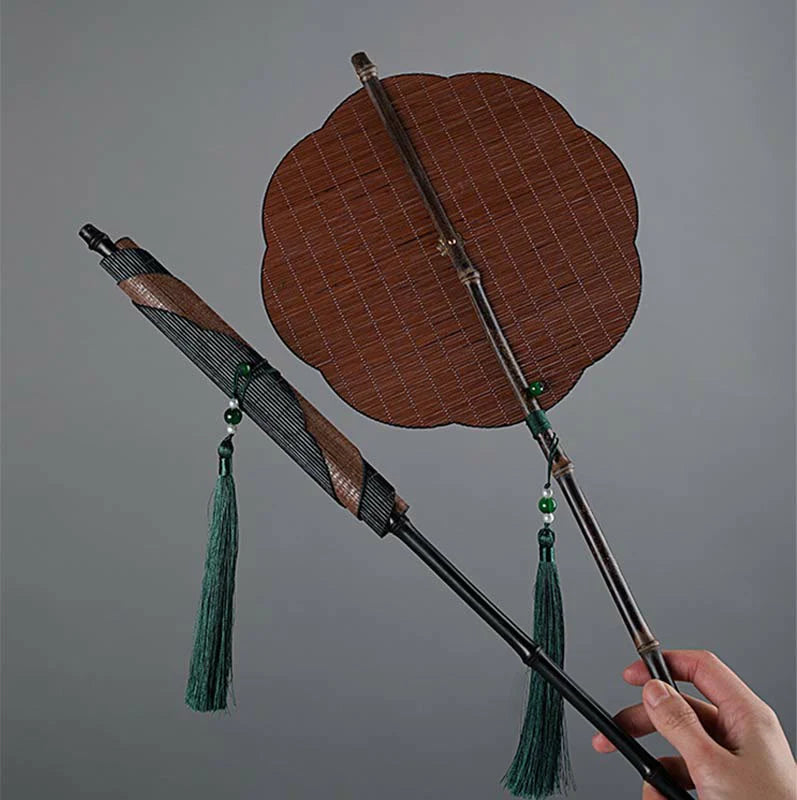 Buddha Stones Chinese Style Handmade Bamboo Long Handle Portable Curlable Fan