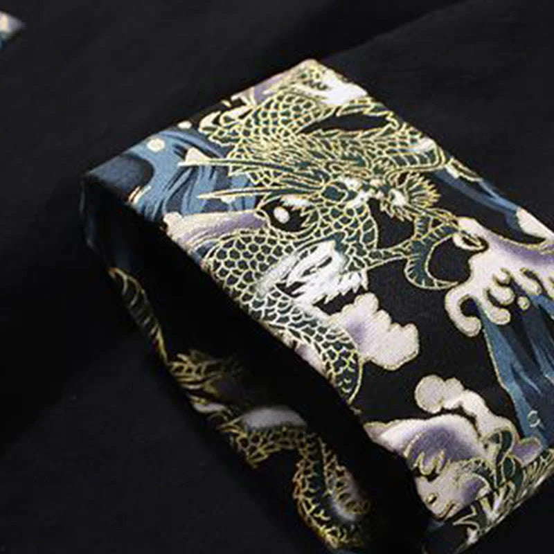 Buddha Stones Printed Color Contrast Dragon Pattern Frog-button Long Sleeve Men's Cotton Jacket