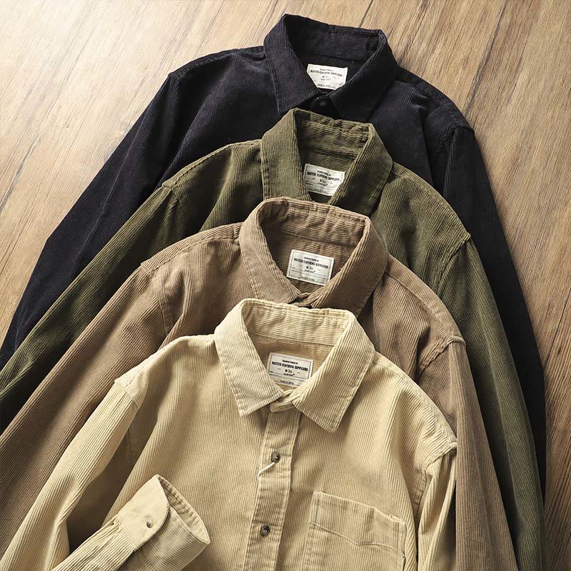 Buddha Stones Lapel Corduroy Solid Color Men's Long Sleeve Cotton Thickened Jacket With Pockets