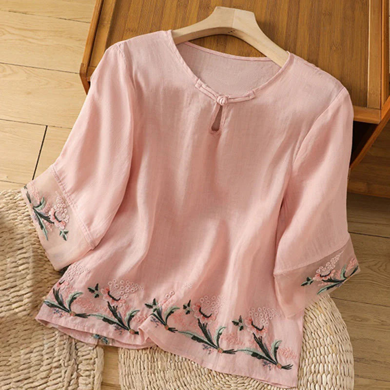 Buddha Stones Casual Floral Embroidery Crew Neck Women's Frog-Button Polyester Half Sleeve Shirt