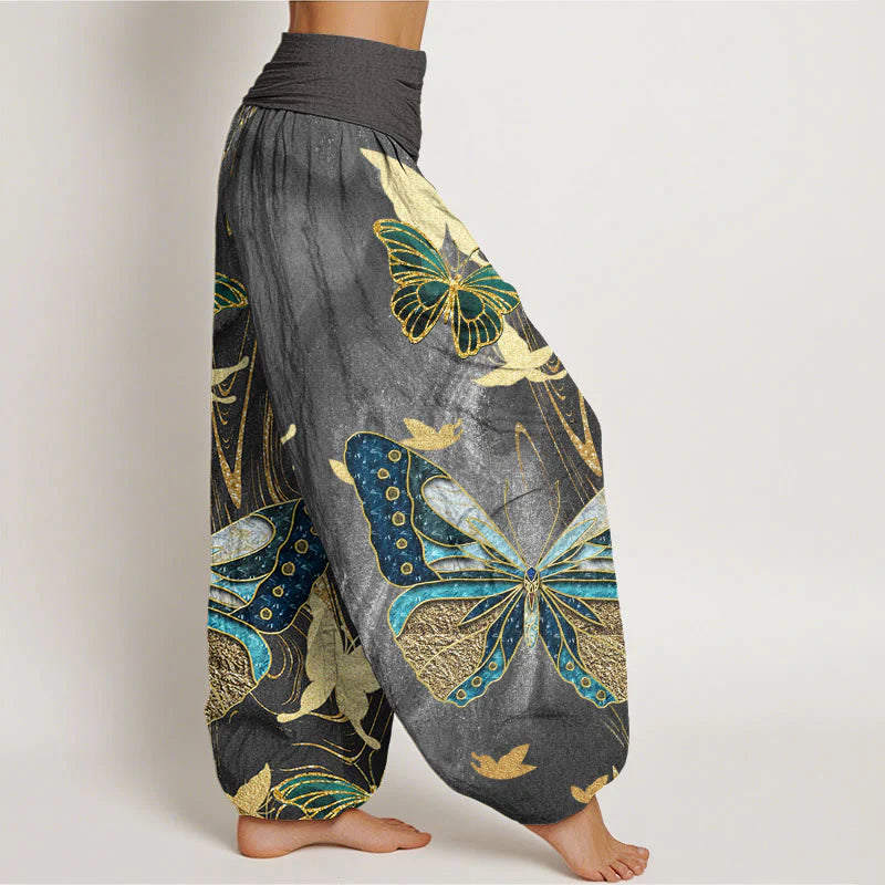 Buddha Stones Cotton Casual Butterfly Gold Line Pattern Women's Elastic Waist Harem Pants
