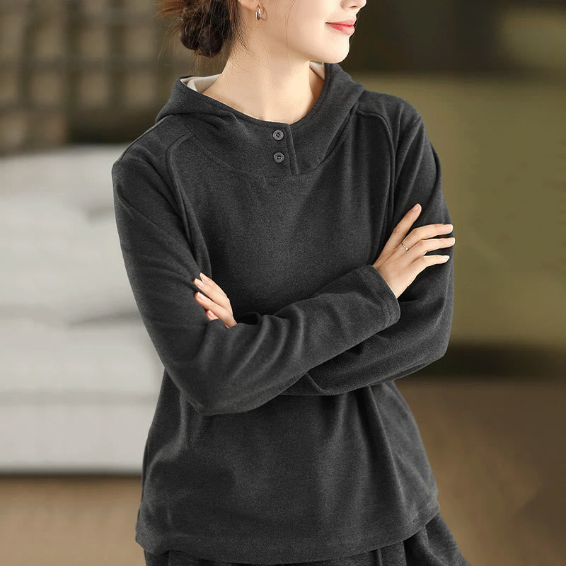 Buddha Stones Winter Solid Color Cotton Thickened Long Sleeve Women's Hoodie Has Hood