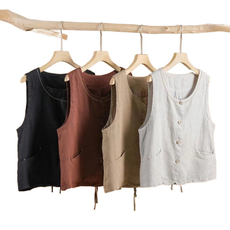Buddha Stones Single Breasted Sleeveless Design Cotton Linen Women's Vest WIth Pockets