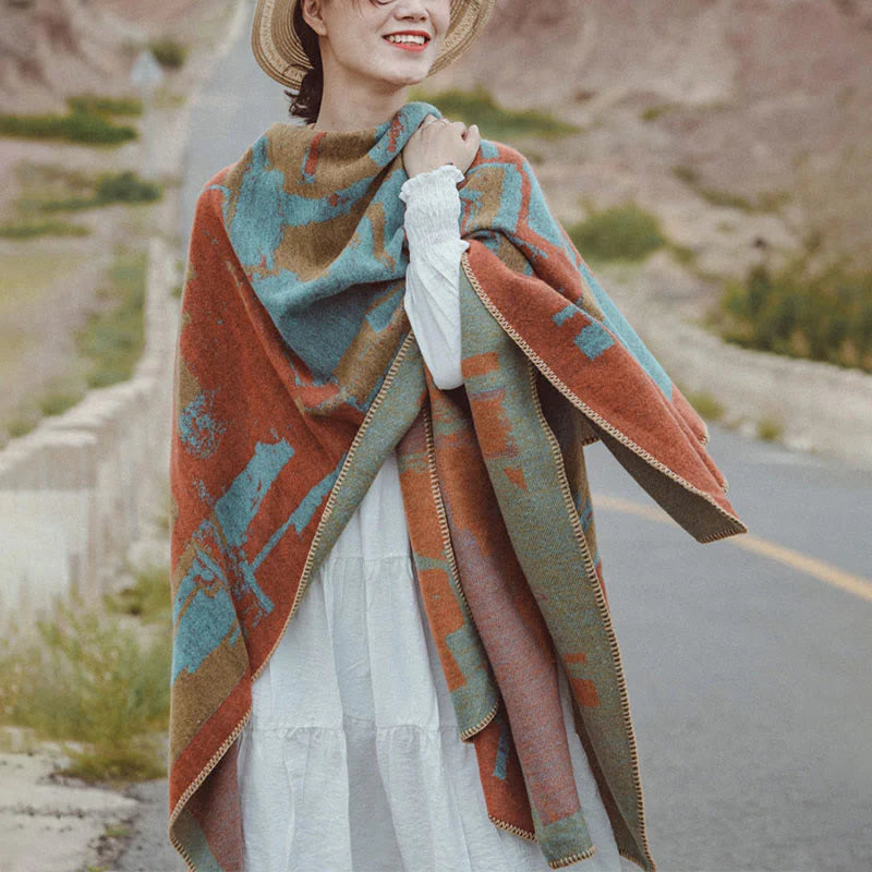 Buddha Stones Tibetan Orange Shawl Warm Cloak Scarf