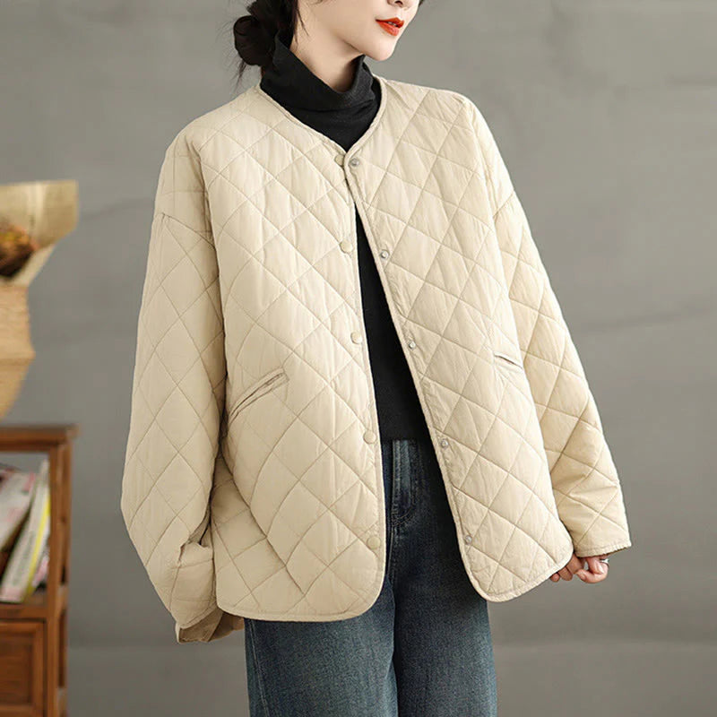 Buddha Stones Women's Buttons Design Cotton Thermal Diamond-quilted Long Sleeve Jacket With Pockets