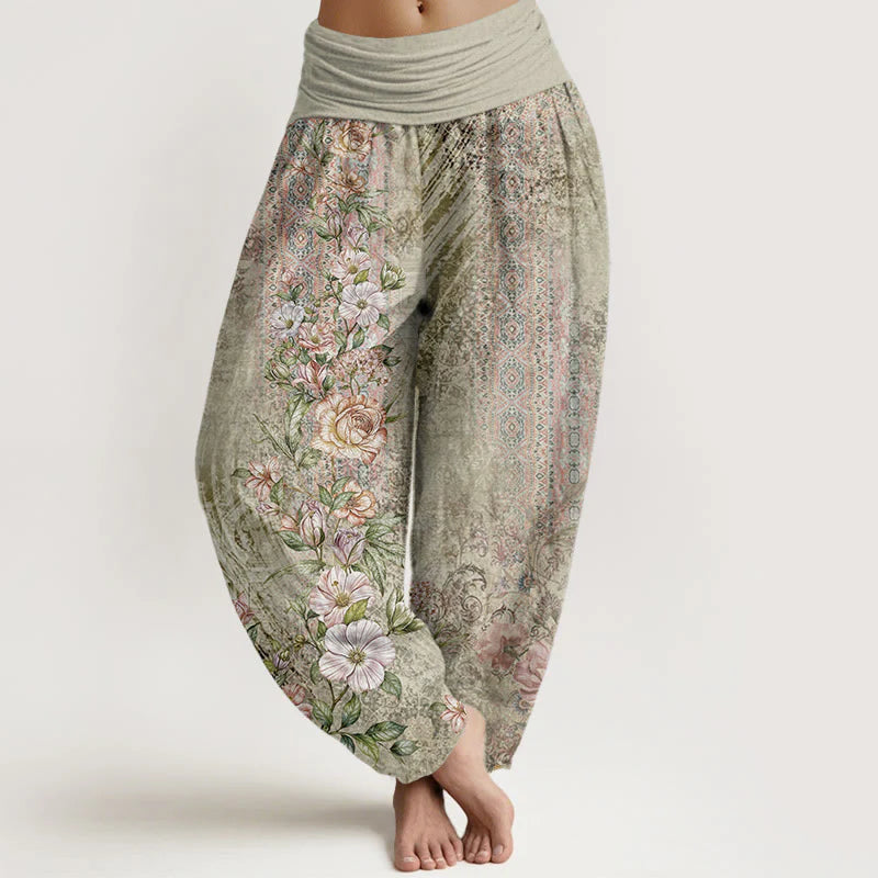 Buddha Stones Cotton Ethnic Floral Ethnic Totem Pattern Women's Elastic Waist Harem Pants