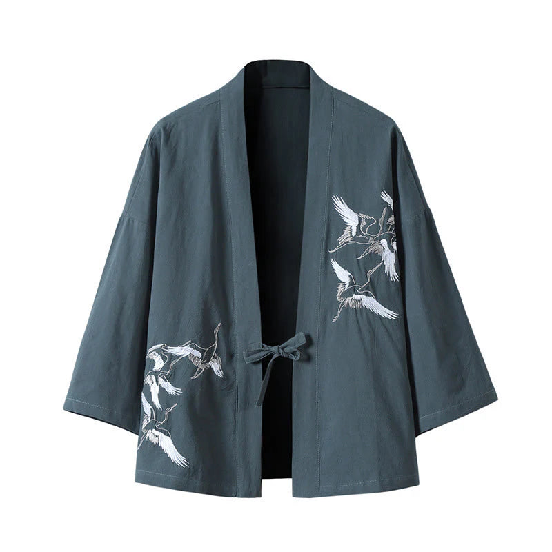 Buddha Stones Embroidery Flying White Cranes Cotton Linen Open Front Jacket Men's Kimono
