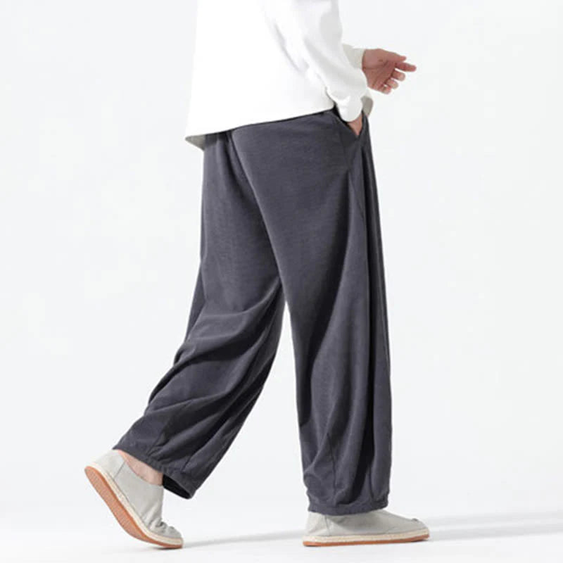 Buddha Stones Spring Pure Color Drawstring Design Corduroy Cotton Men's Harem Pants With Pockets