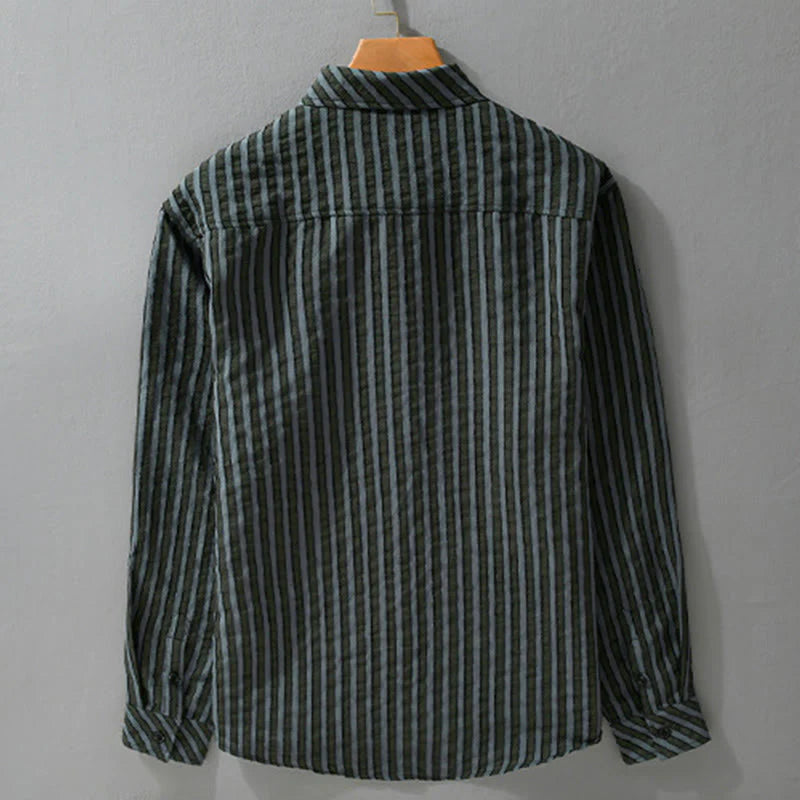 Buddha Stones Vintage Striped Buttons Down Stand Collar Long Sleeve Men's Cotton Shirt