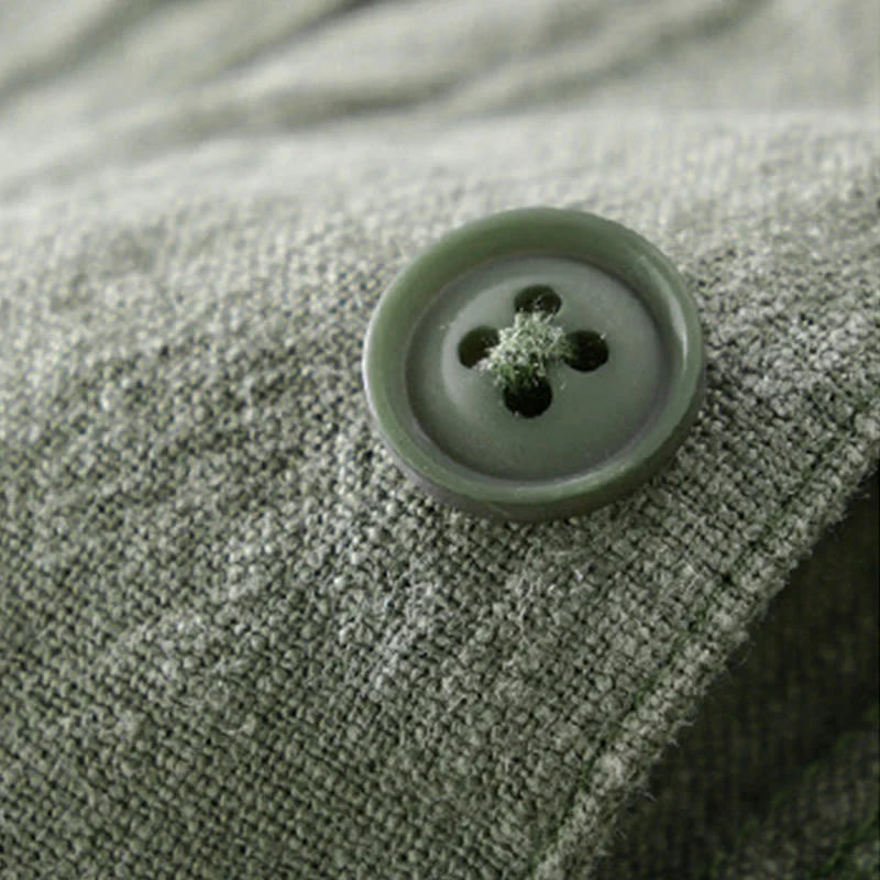 Buddha Stones Commute Fall Solid Color Lapel Men's Long Sleeve Cotton Linen Shirt With Pocket