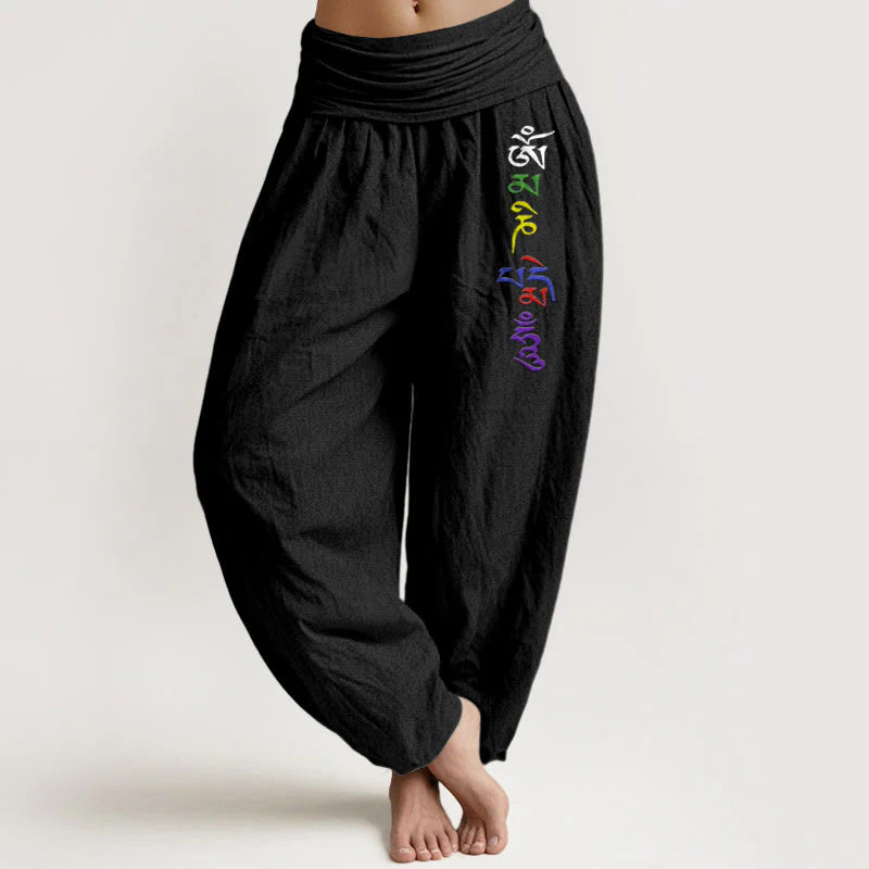 Buddha Stones Pure Cotton Om Symbol Tibetan Script Pattern Women's Elastic Waist Harem Pants