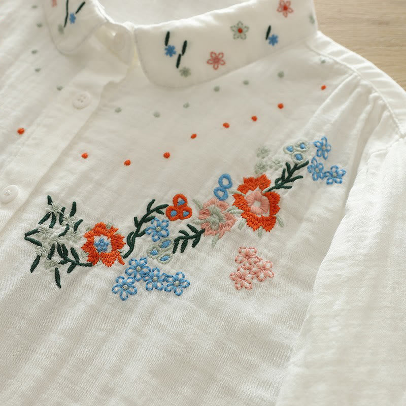 Buddha Stones Fall White Colorful Floral Embroidery Buttons Women's Cotton Long Sleeve Shirt