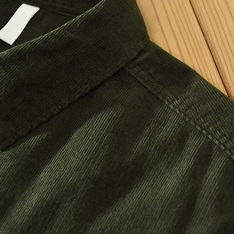 Buddha Stones Fall Decorative Pocket Buttons Down Stand Collar Long Sleeve Men's Cotton Corduroy Shirt